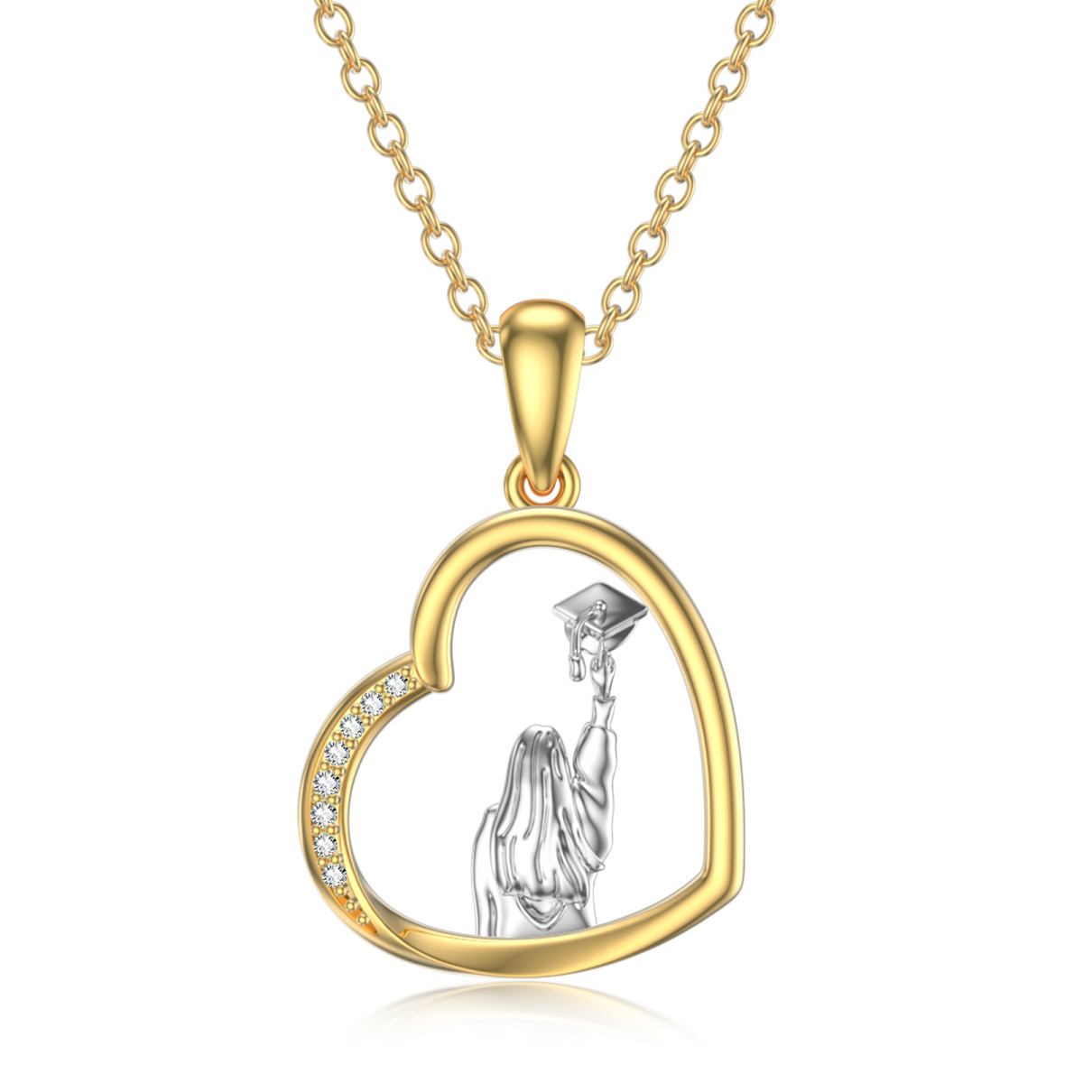 Collier avec pendentif cœur et capuchon en forme de tranche de zircone cubique bicolore en or 14 carats pour femme-1