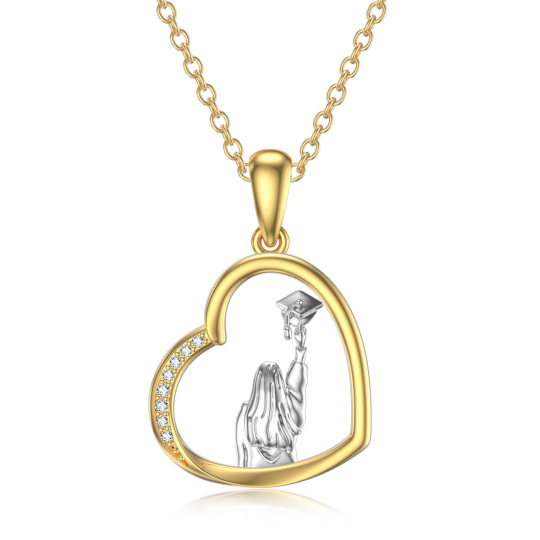 Collar Colgante de Oro Blanco y Oro Amarillo de 14K con Corazón y Tapa de Zirconia Cúbica