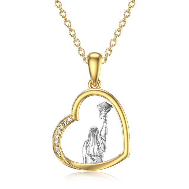 14K White Gold & Yellow Gold Cubic Zirconia Heart & Trencher Cap Pendant Necklace-2