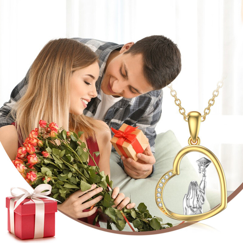 Naszyjnik z 14-karatowego złota, dwukolorowy, z cyrkonią w kształcie serca i czapką z daszkiem dla kobiet-3