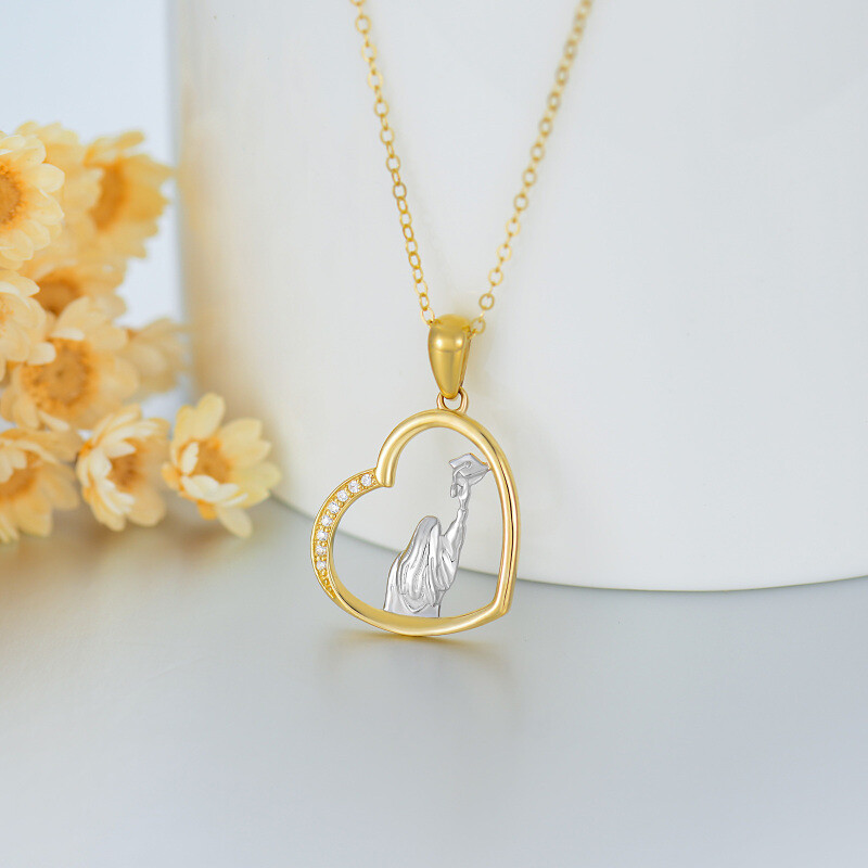 Naszyjnik z 14-karatowego złota, dwukolorowy, z cyrkonią w kształcie serca i czapką z daszkiem dla kobiet-5
