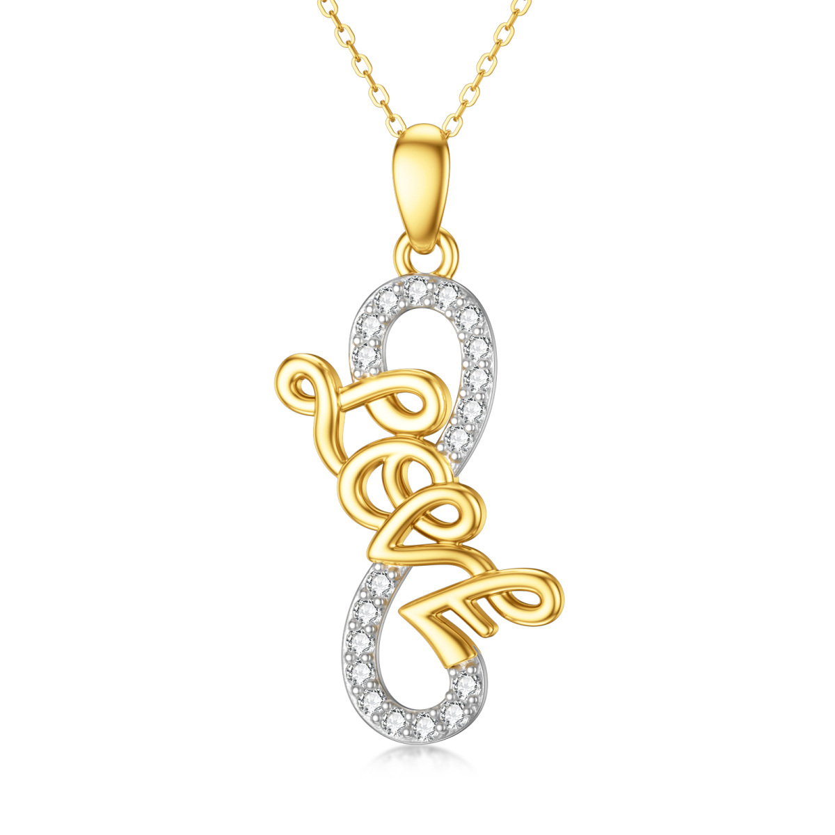 Collana con ciondolo con simbolo dell'infinito in zirconi bicolore 14K con parola incisa per donna-1