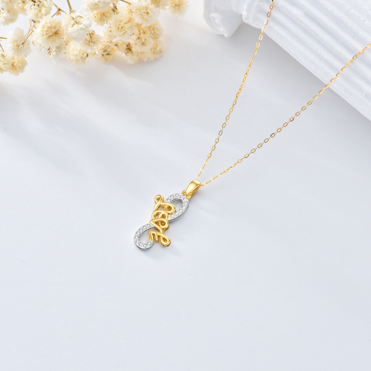 Collana con ciondolo con simbolo dell'infinito in zirconi bicolore 14K con parola incisa per donna-3