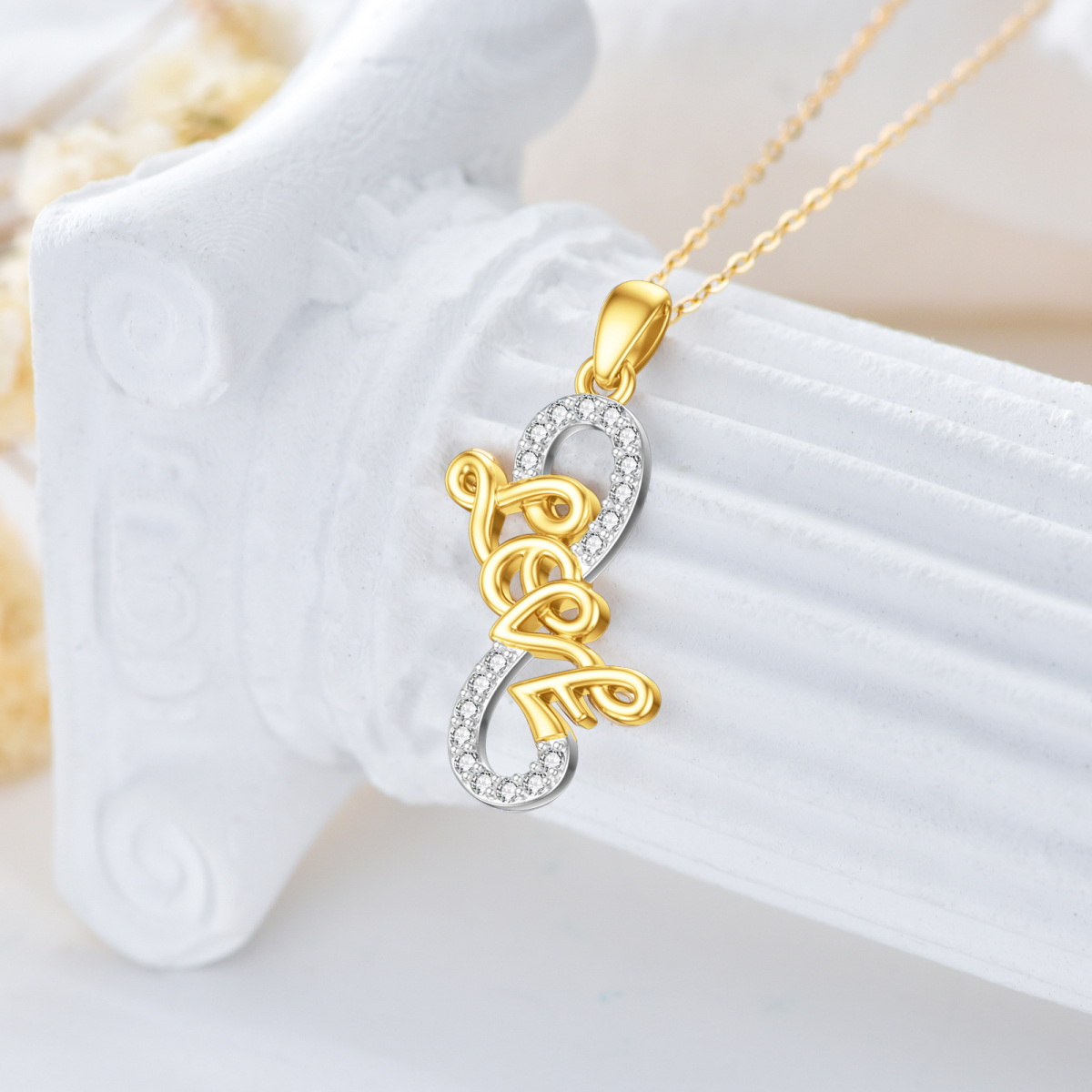 Collana con ciondolo con simbolo dell'infinito in zirconi bicolore 14K con parola incisa per donna-4