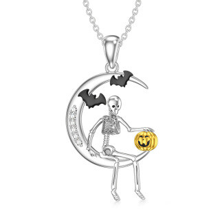 14K White Gold & Yellow Gold Laboratory Diamonds Bat & Moon & Skeleton Pendant Necklace-2