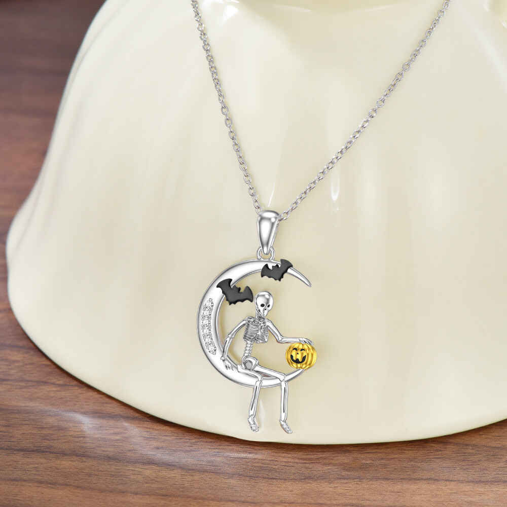 14K White Gold & Yellow Gold Laboratory Diamonds Bat & Moon & Skeleton Pendant Necklace-2