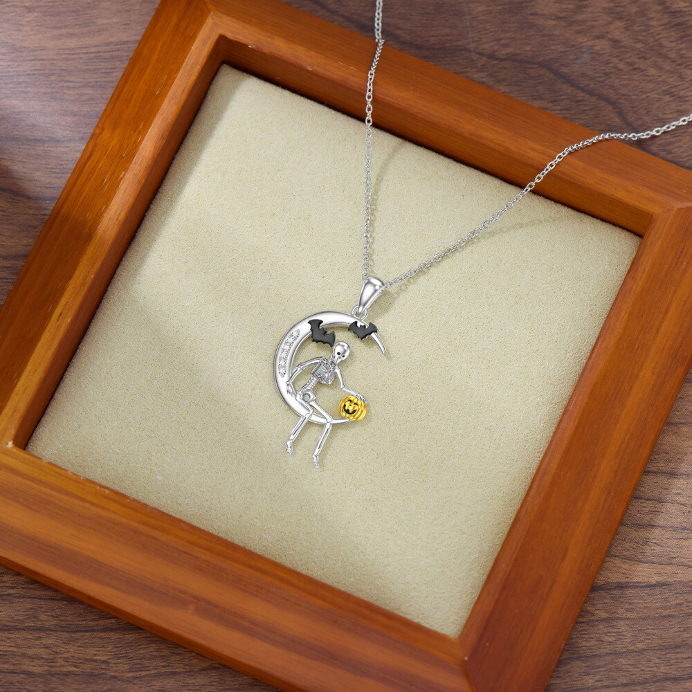 14K White Gold & Yellow Gold Laboratory Diamonds Bat & Moon & Skeleton Pendant Necklace-3