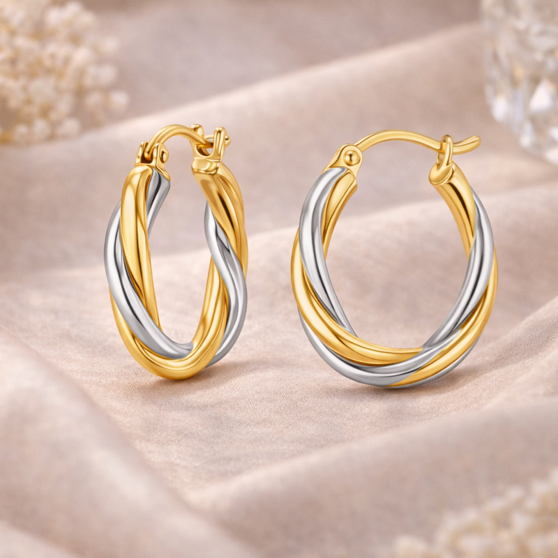 10K Weißgold- und Gelbgold-Ohrringe mit Hebelverschluss-3