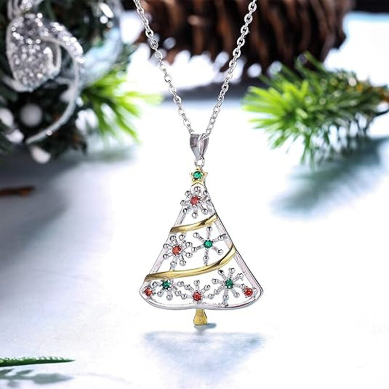 14K White Gold & Yellow Gold Moissanite Christmas Tree Pendant Necklace-3