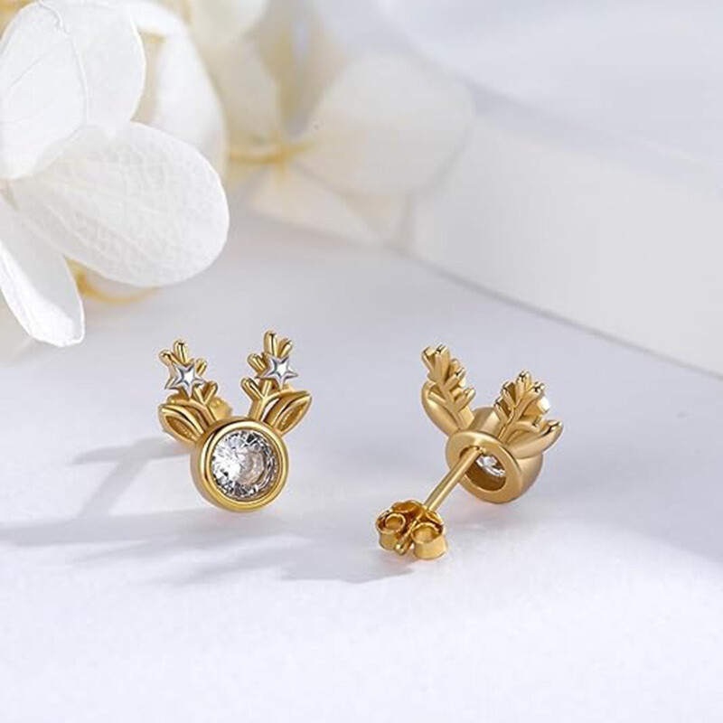 14-Karat-Weißgold- und -Gelbgold-Moissanit-Elch-Steckerohrringe-3