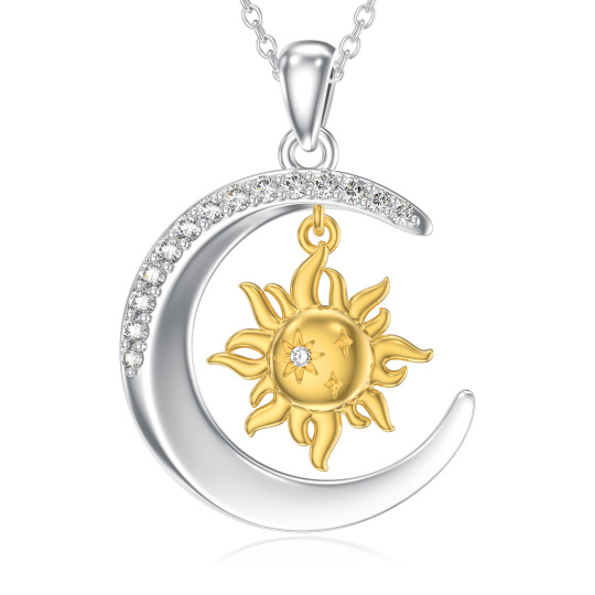 Sterling Silver Two-tone Moissanite Moon & Sun Pendant Necklace