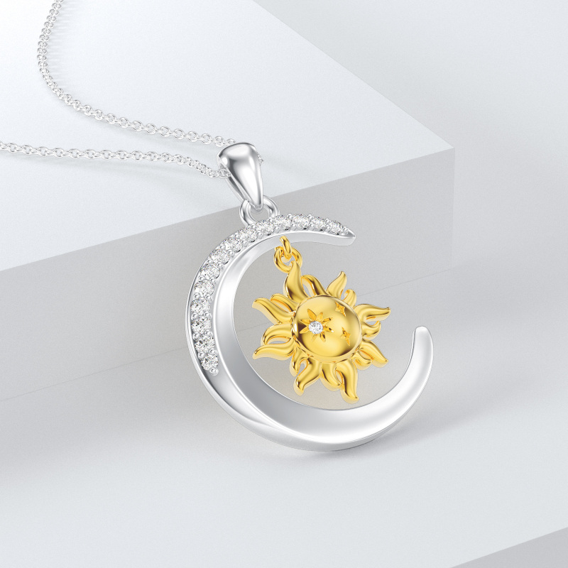 قلادة مزينة بدر وشمس من المويسانيت مصنوعة من الذهب الأبيض عيار 14 قيراطًا والذهب الأصفر-2