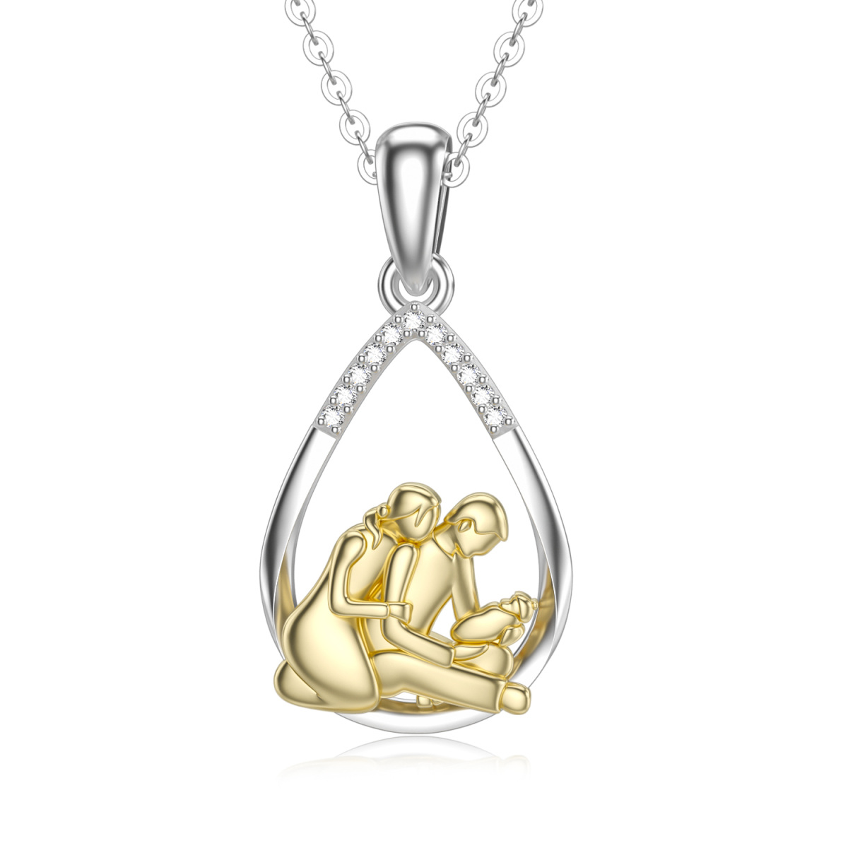 14K White Gold & Yellow Gold Moissanite Parents & Children & Oval Shaped Pendant Necklace-1