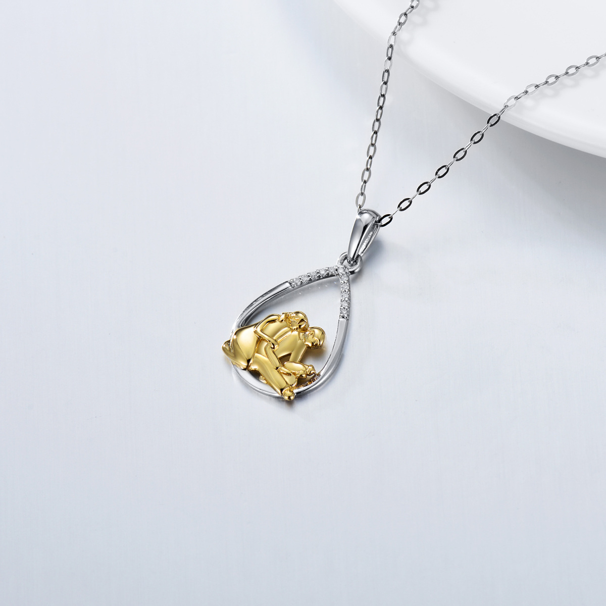 14K White Gold & Yellow Gold Moissanite Parents & Children & Oval Shaped Pendant Necklace-4