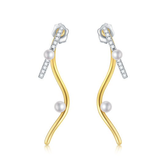 14K White Gold & Yellow Gold Moissanite & Pearl Drop Earrings-3