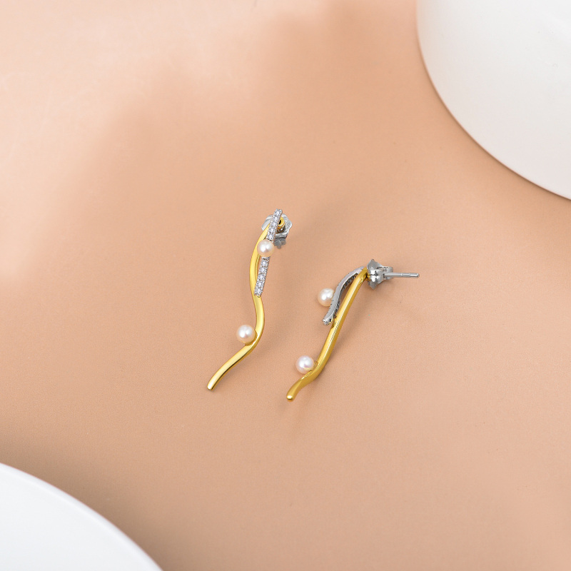 Dwukolorowe okrągłe moissanite 10K z perłowymi kolczykami dla kobiet-5