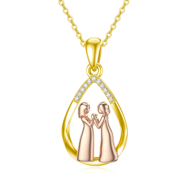 14K witgoud & geelgouden moissaniet zussen & druppelvormige hanger ketting-1