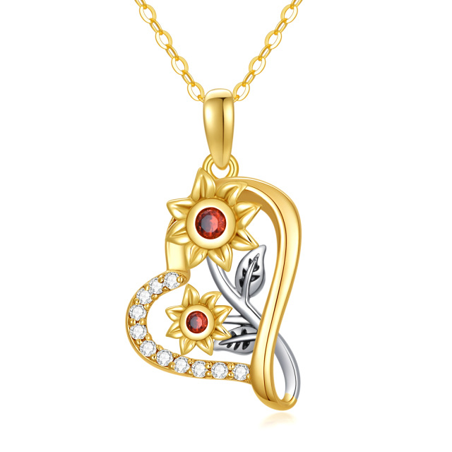 14K White Gold & Yellow Gold Moissanite Sunflower & Heart Pendant Necklace