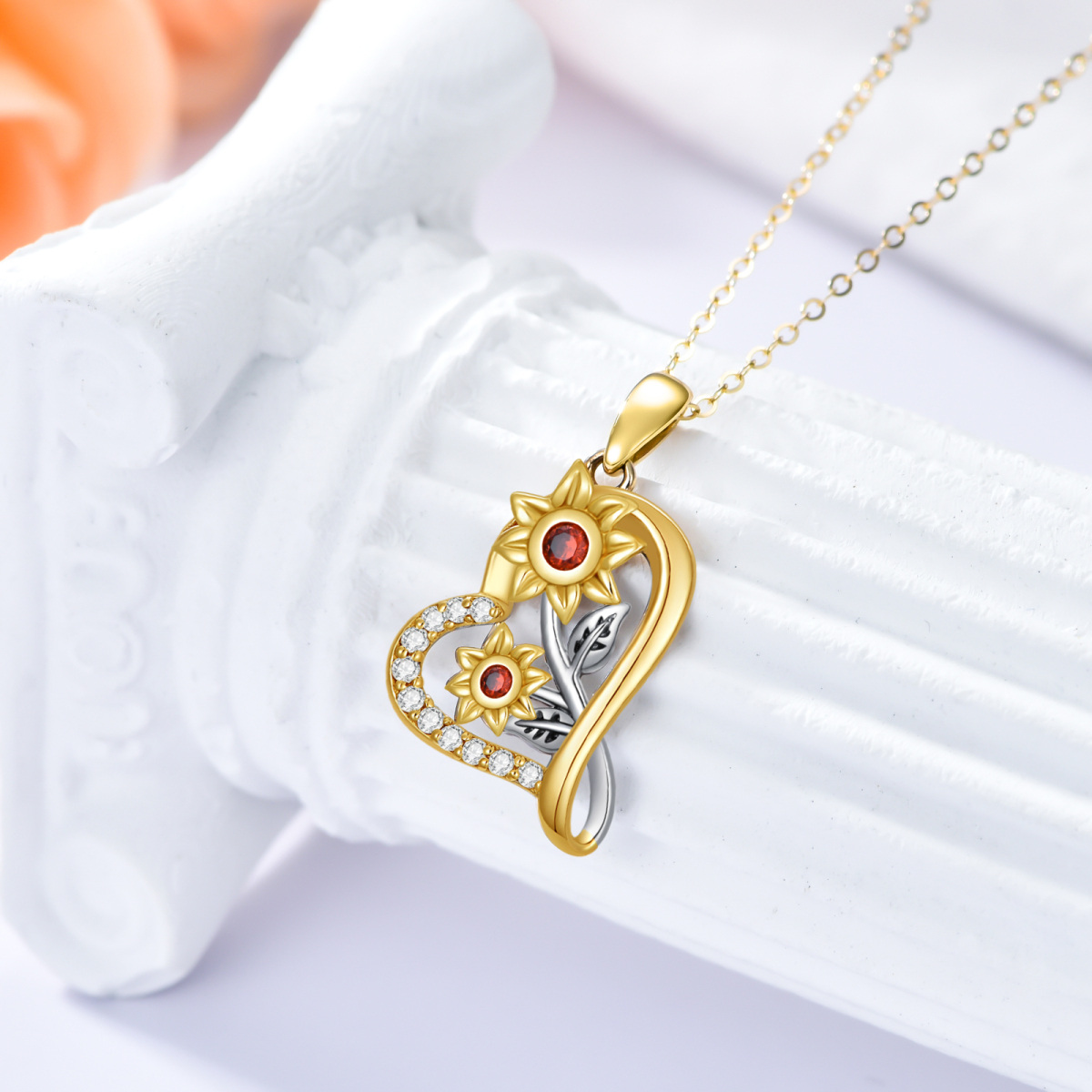 14K Gold zweifarbige Moissanit-Sonnenblume mit Herz-Anhänger-Halskette für Frauen-3