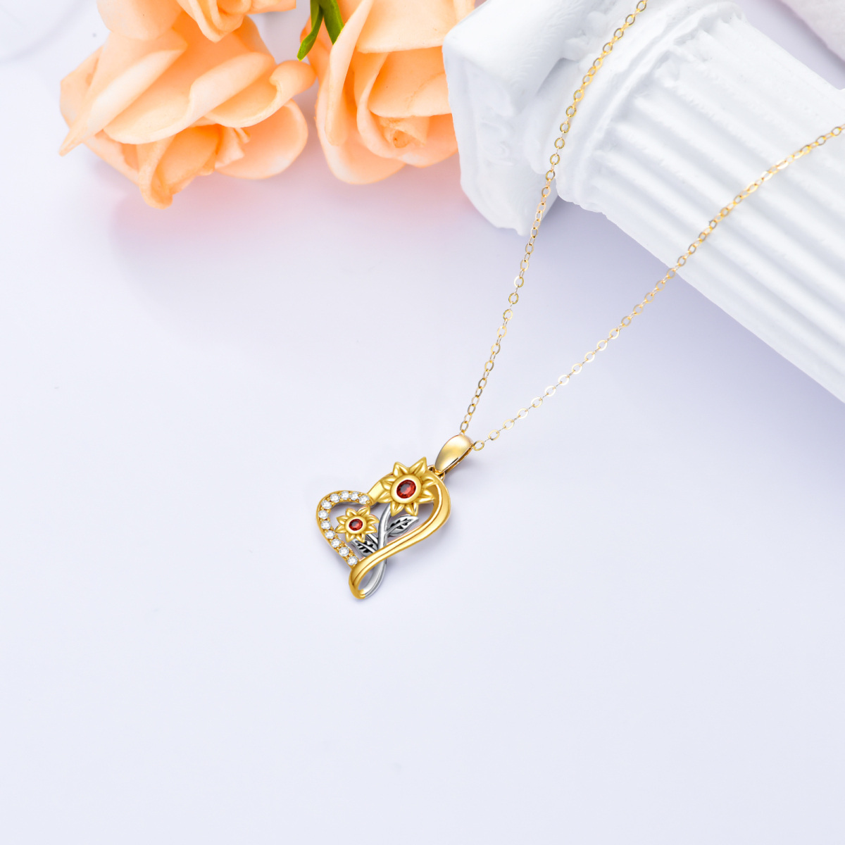 14K Gold zweifarbige Moissanit-Sonnenblume mit Herz-Anhänger-Halskette für Frauen-4