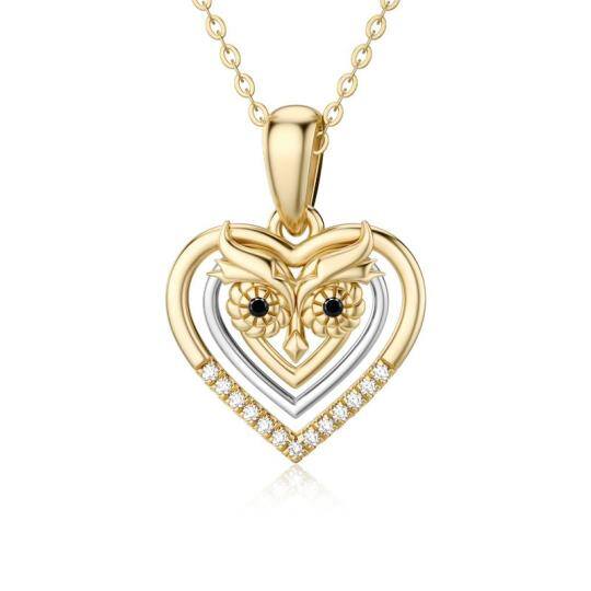 Collana da donna con ciondolo gufo e cuore bicolore 14K