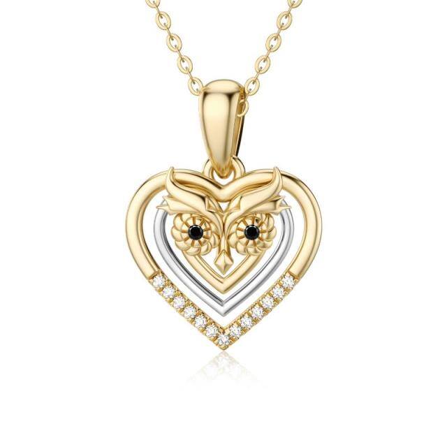 Collier pendentif hibou et coeur en or blanc et or jaune 14K-1