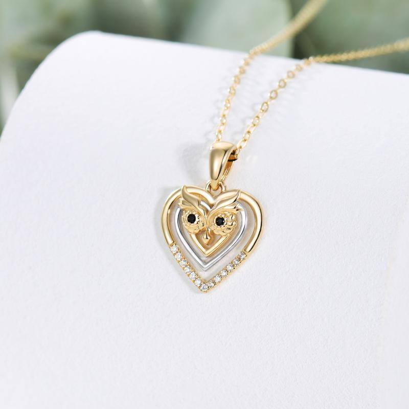 Collana da donna con ciondolo gufo e cuore bicolore 14K-3