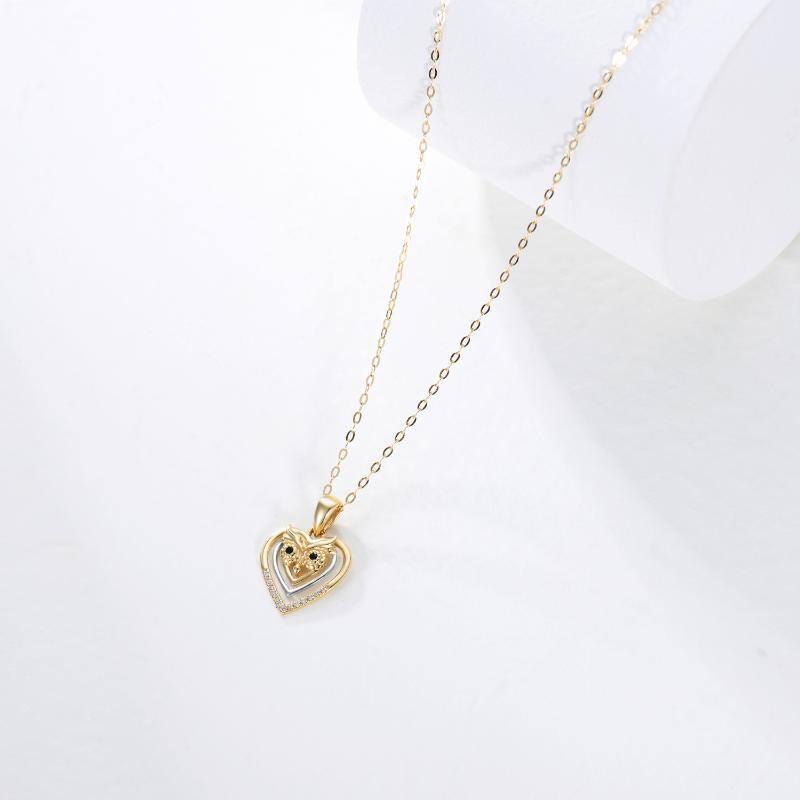 10K Two-Tone Owl & Heart Pendant Necklace For Women-4