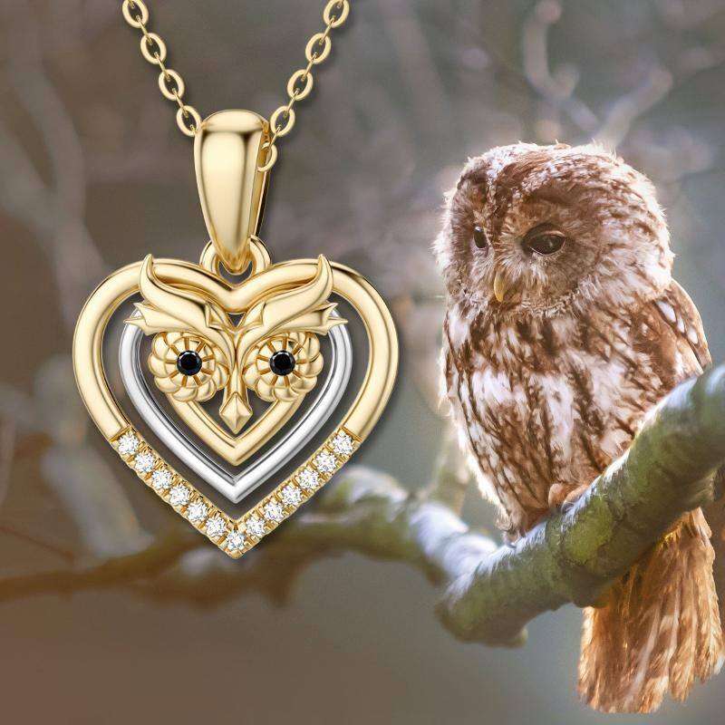 Collier avec pendentif hibou et cœur bicolore 14 carats pour femme-6