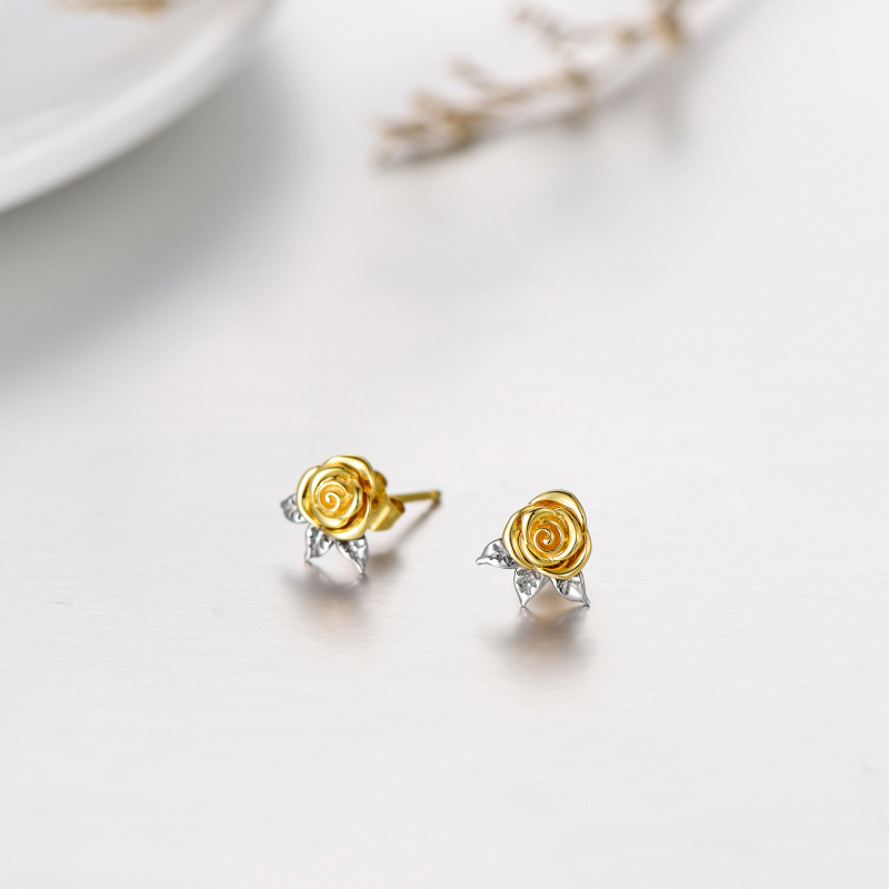 Aretes de oro blanco de 14 quilates y oro amarillo con forma de rosa para mujer-3