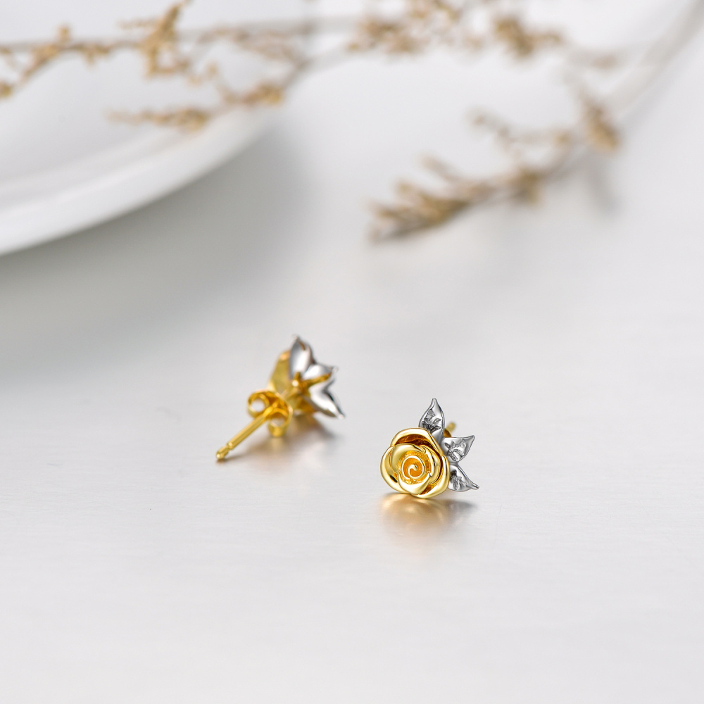 Aretes de oro blanco de 14 quilates y oro amarillo con forma de rosa para mujer-4