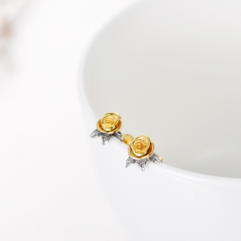 Aretes de oro blanco de 14 quilates y oro amarillo con forma de rosa para mujer-5
