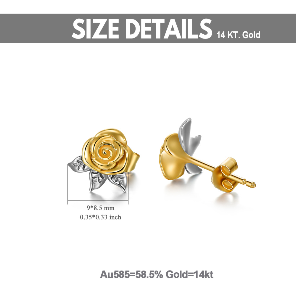 Aretes de oro blanco de 14 quilates y oro amarillo con forma de rosa para mujer-6