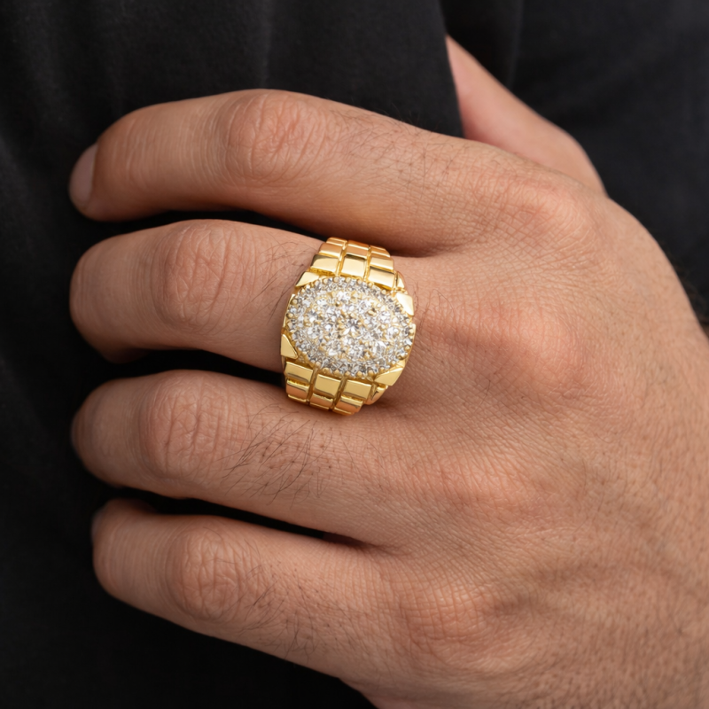 Anillo redondo de talla ovalada en oro blanco y oro amarillo de 14 quilates para hombre-2