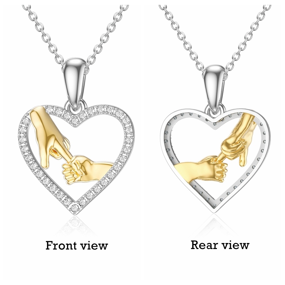 14K Gold Two Tone Round Moissanite Hold Hands Heart Pendant Necklace For Women-3