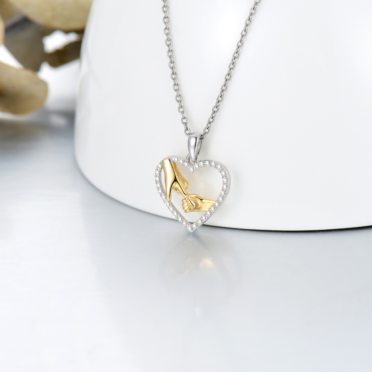 10K Gold Two Tone Round Moissanite Hold Hands Heart Pendant Necklace For Women-4