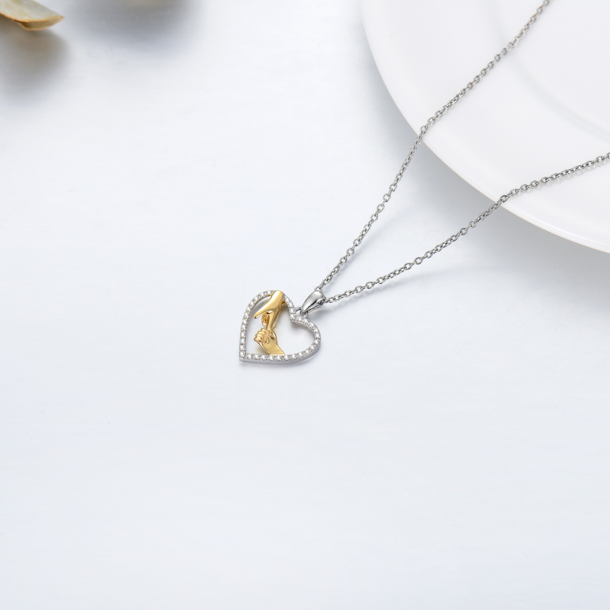 14K Gold Two Tone Round Moissanite Hold Hands Heart Pendant Necklace For Women-5