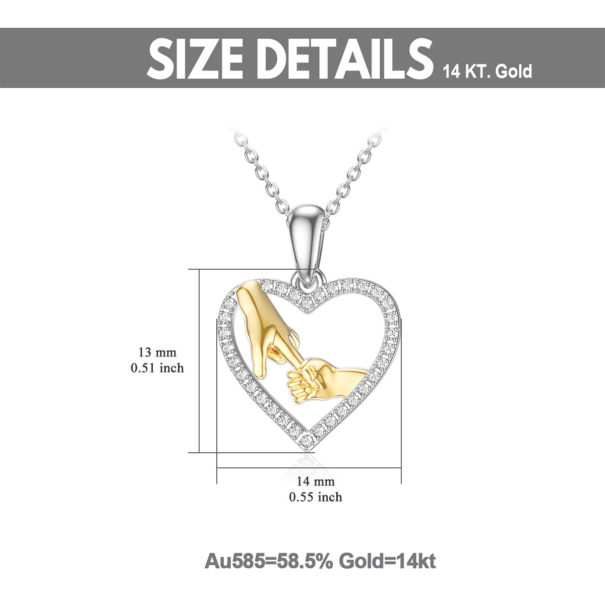 10K Gold Two Tone Round Moissanite Hold Hands Heart Pendant Necklace For Women-6