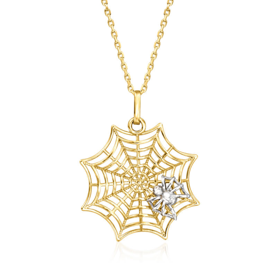 14K White Gold & Yellow Gold Spiderweb Charm Necklace