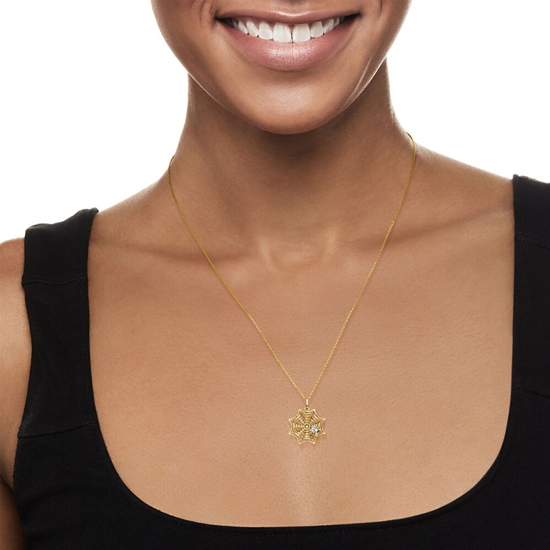 14K White Gold & Yellow Gold Spiderweb Charm Necklace-2