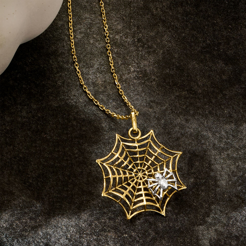 14K White Gold & Yellow Gold Spiderweb Charm Necklace-3
