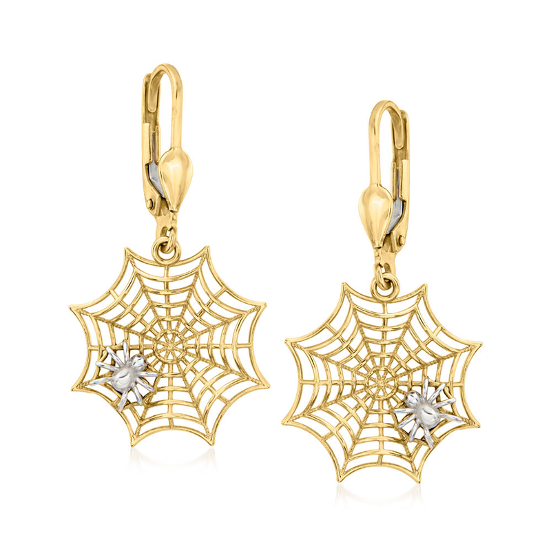 10K White Gold & Yellow Gold Spiderweb Drop Earrings-1
