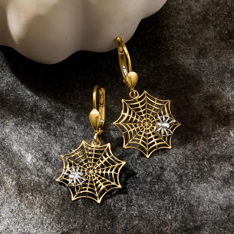 10K White Gold & Yellow Gold Spiderweb Drop Earrings-3