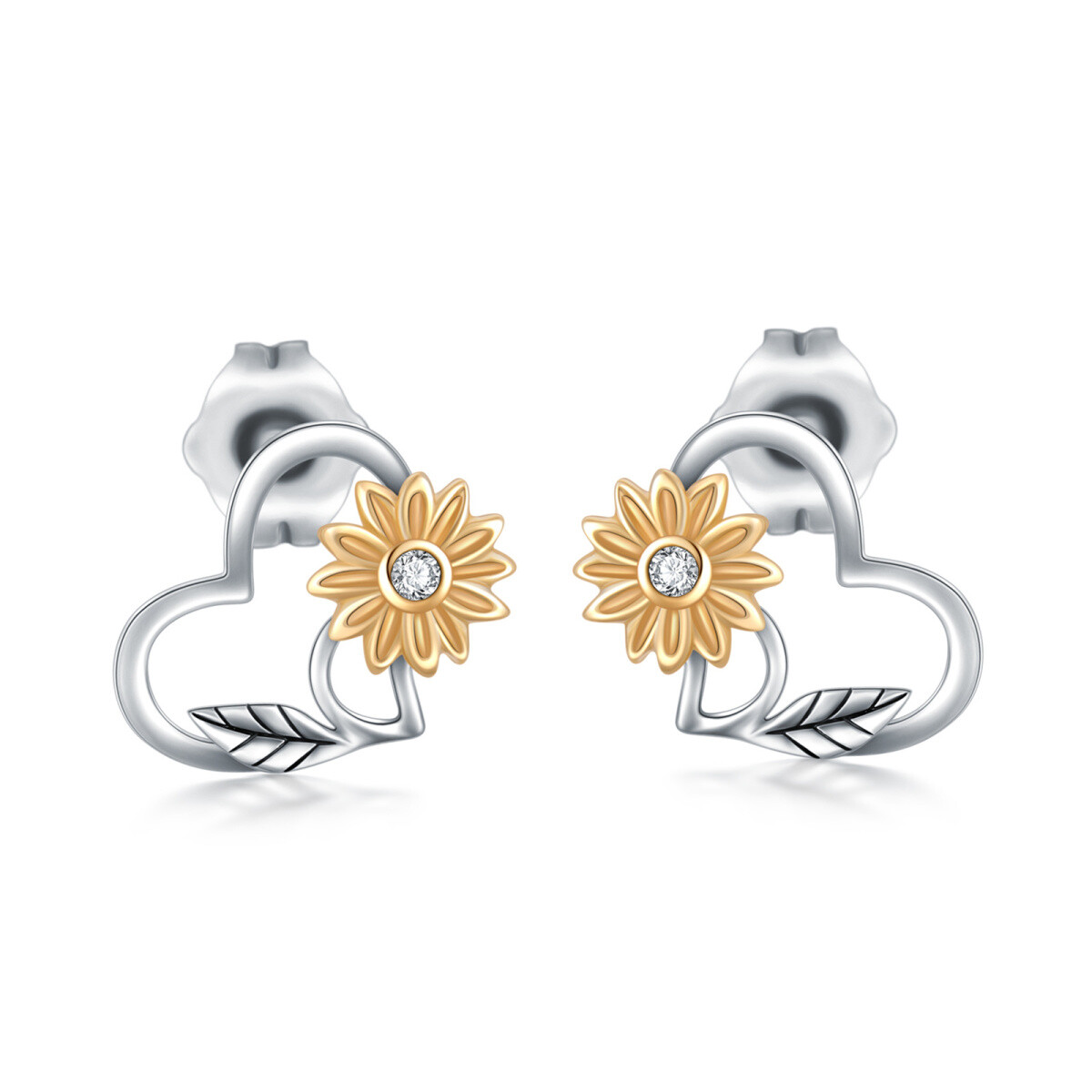 Boucles d'oreilles à tige tournesol en or 14 carats avec oxyde de zirconium bicolore pour femme-1