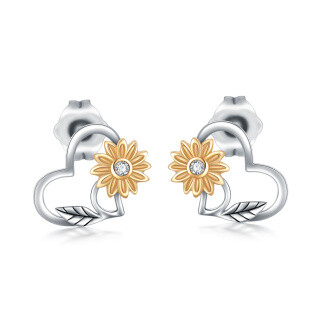 10K Gold Two-Tone Cubic Zirconia Sunflower Stud Earrings For Women-58