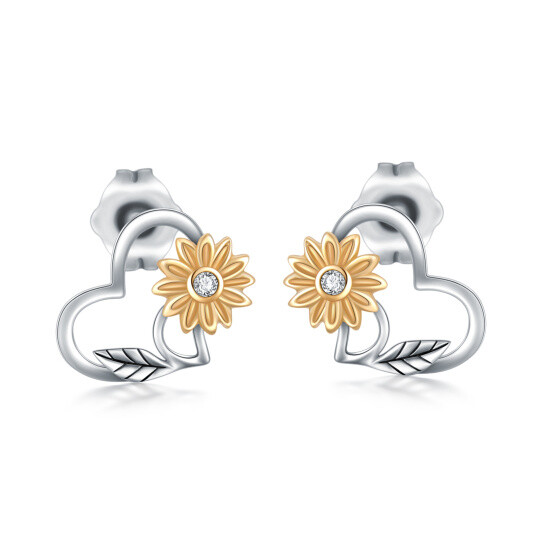 Boucles d'oreilles à tige tournesol en or 14 carats avec oxyde de zirconium bicolore pour femme