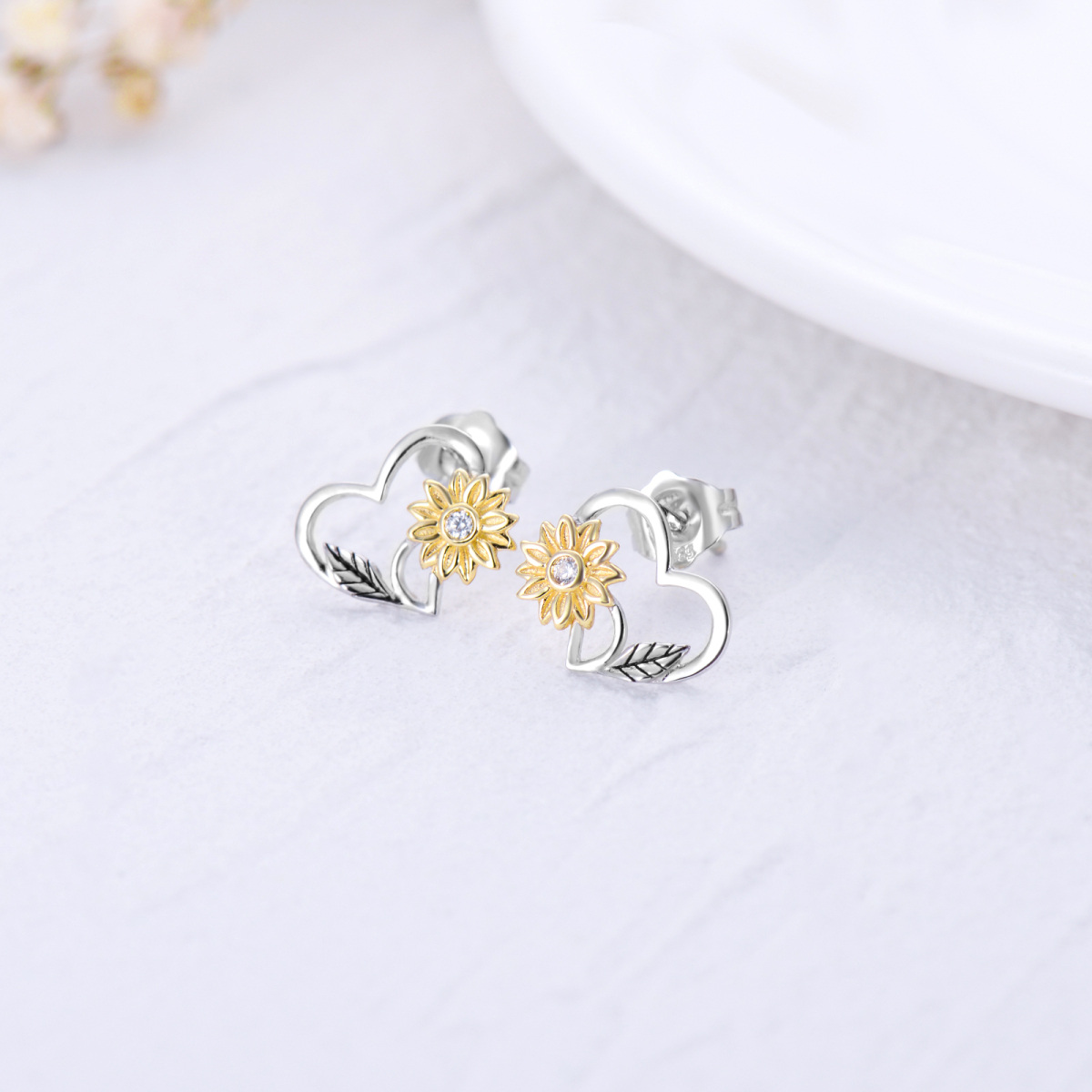 Boucles d'oreilles à tige tournesol en or 14 carats avec oxyde de zirconium bicolore pour femme-3