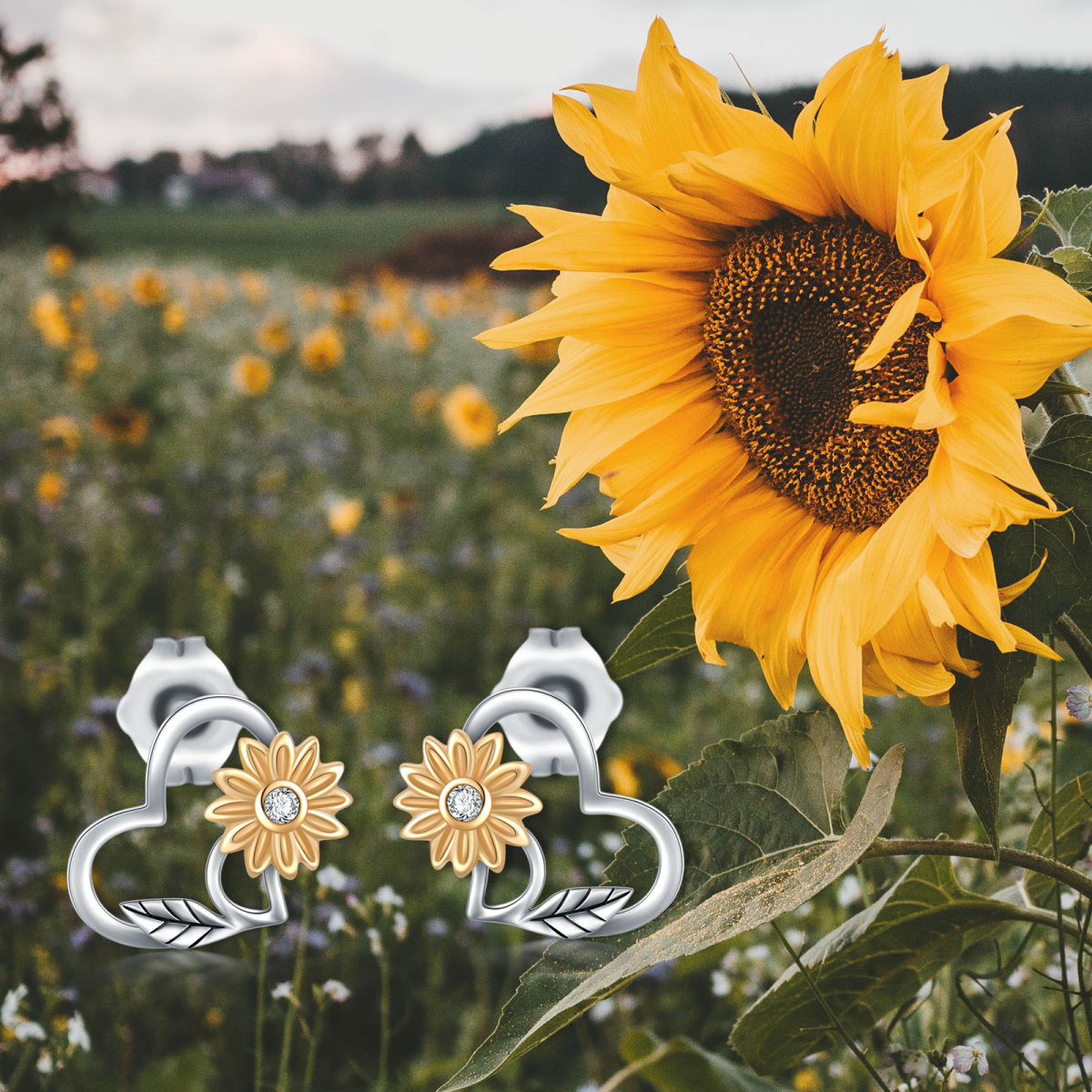 Pendientes de tuerca de girasol con circonita cúbica de dos tonos de oro de 14 quilates para mujer-4