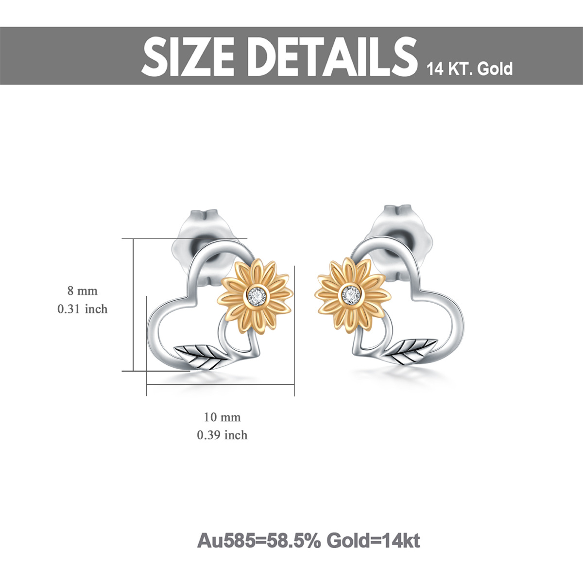 Boucles d'oreilles à tige tournesol en or 14 carats avec oxyde de zirconium bicolore pour femme-5