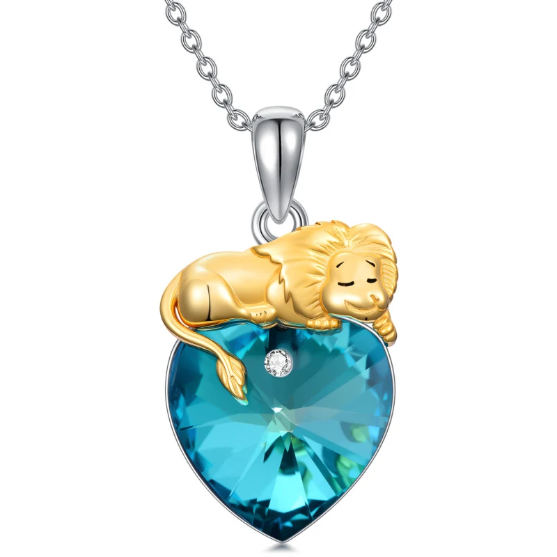 14K White Two-tone Personalized Birthstone Lion Heart Necklace for Women-1